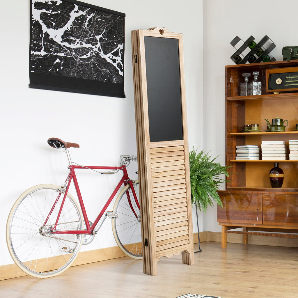 Foldable 4-Panel Room Divider with Chalkboards - Rustic Wood Partition Screen