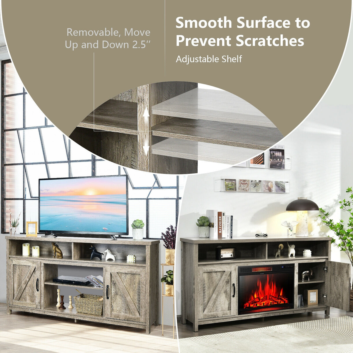 59-Inch TV Stand with Fireplace Compatibility & Barn Doors - Natural