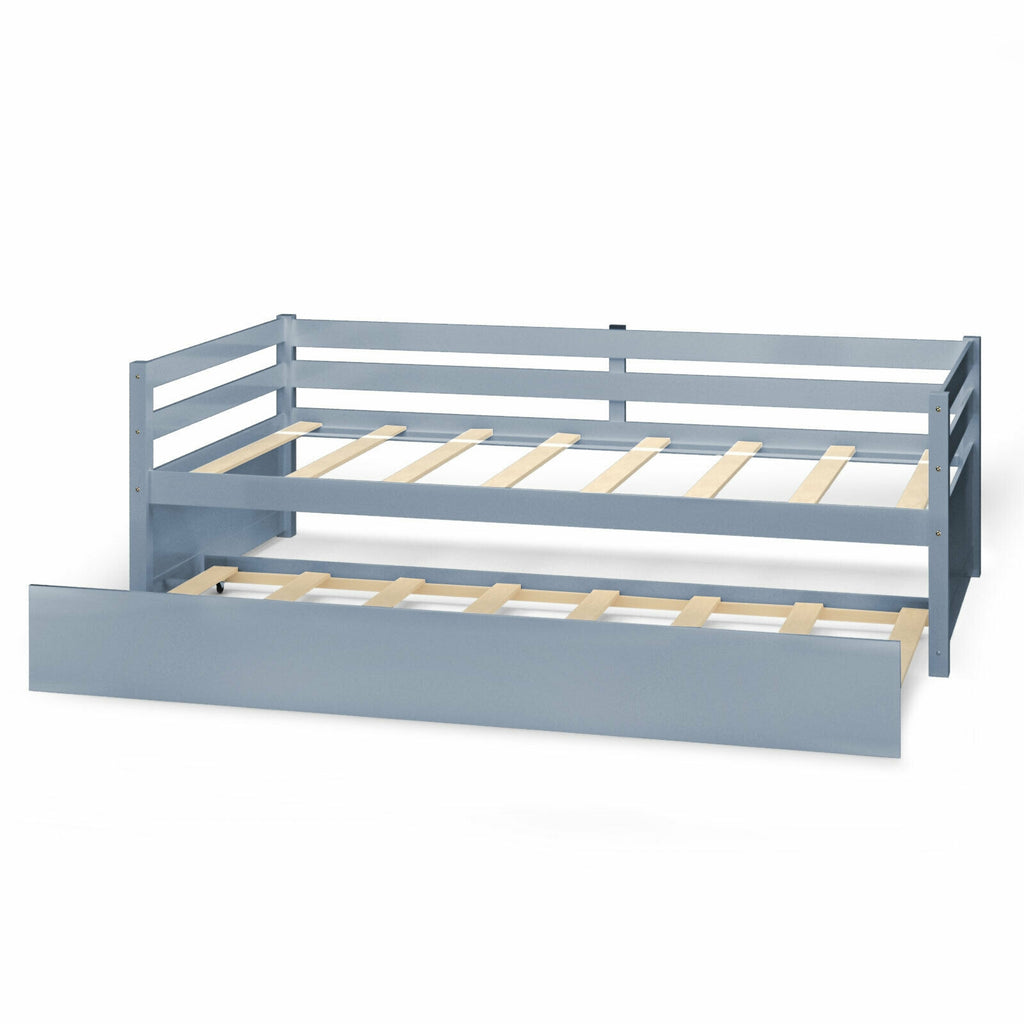 Twin Size Trundle Platform Bed Frame with Wooden Slats, Gray