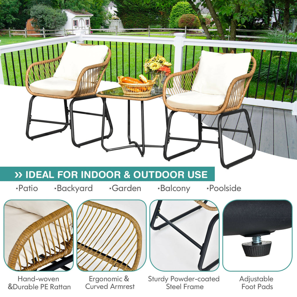 3-Piece Patio Bistro Set with 2 Rattan Chairs and Square Glass Coffee