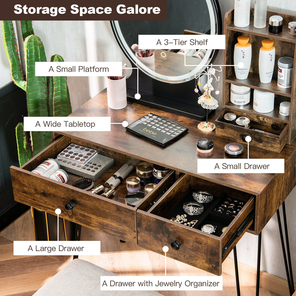 Vanity Table Set with Lighted Mirror and Cushion Stool - Brown