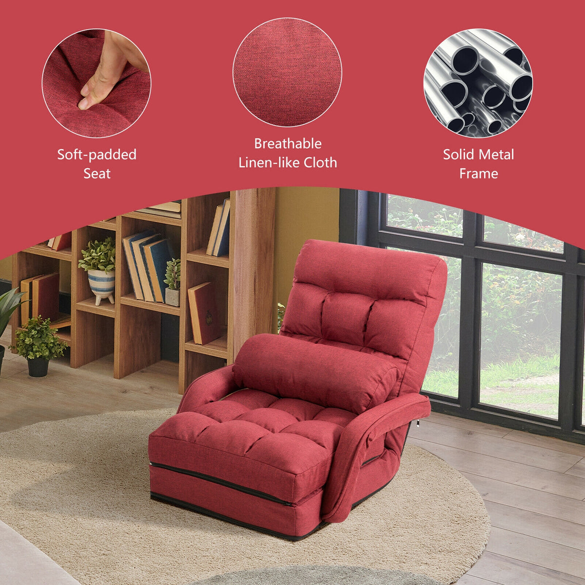 Folding Lazy Floor Chair with Armrests and Pillow - Red