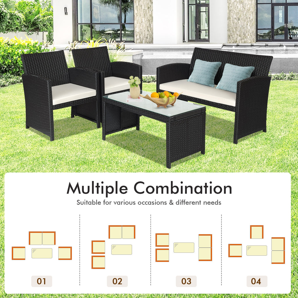 4 Pieces Rattan Patio Furniture Set with Weather Resistant Cushions