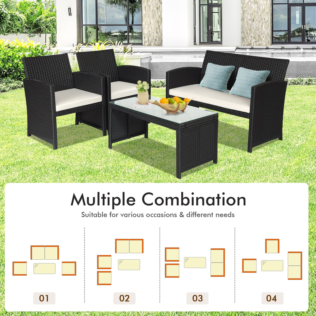 4 Pieces Rattan Patio Furniture Set with Weather Resistant Cushions