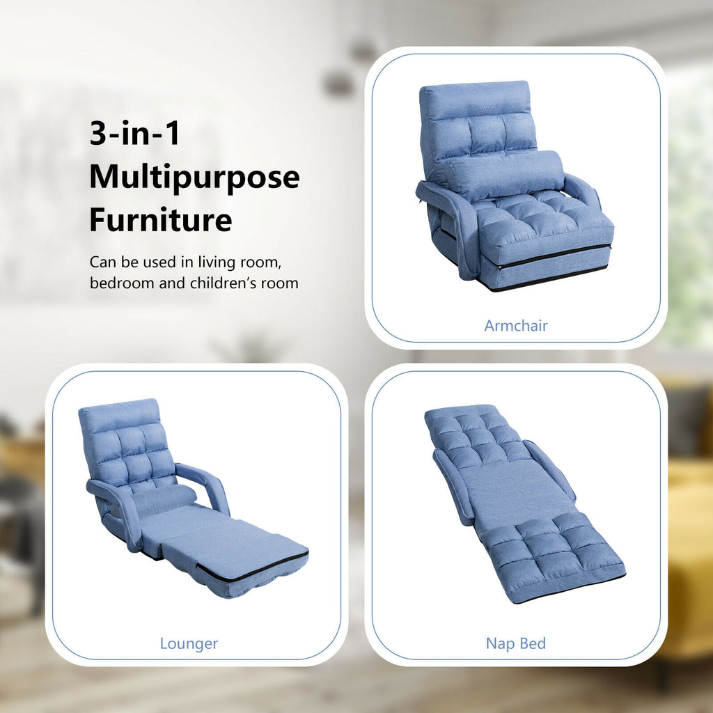 Folding Floor Chair Sofa with Armrests and Pillow - Blue