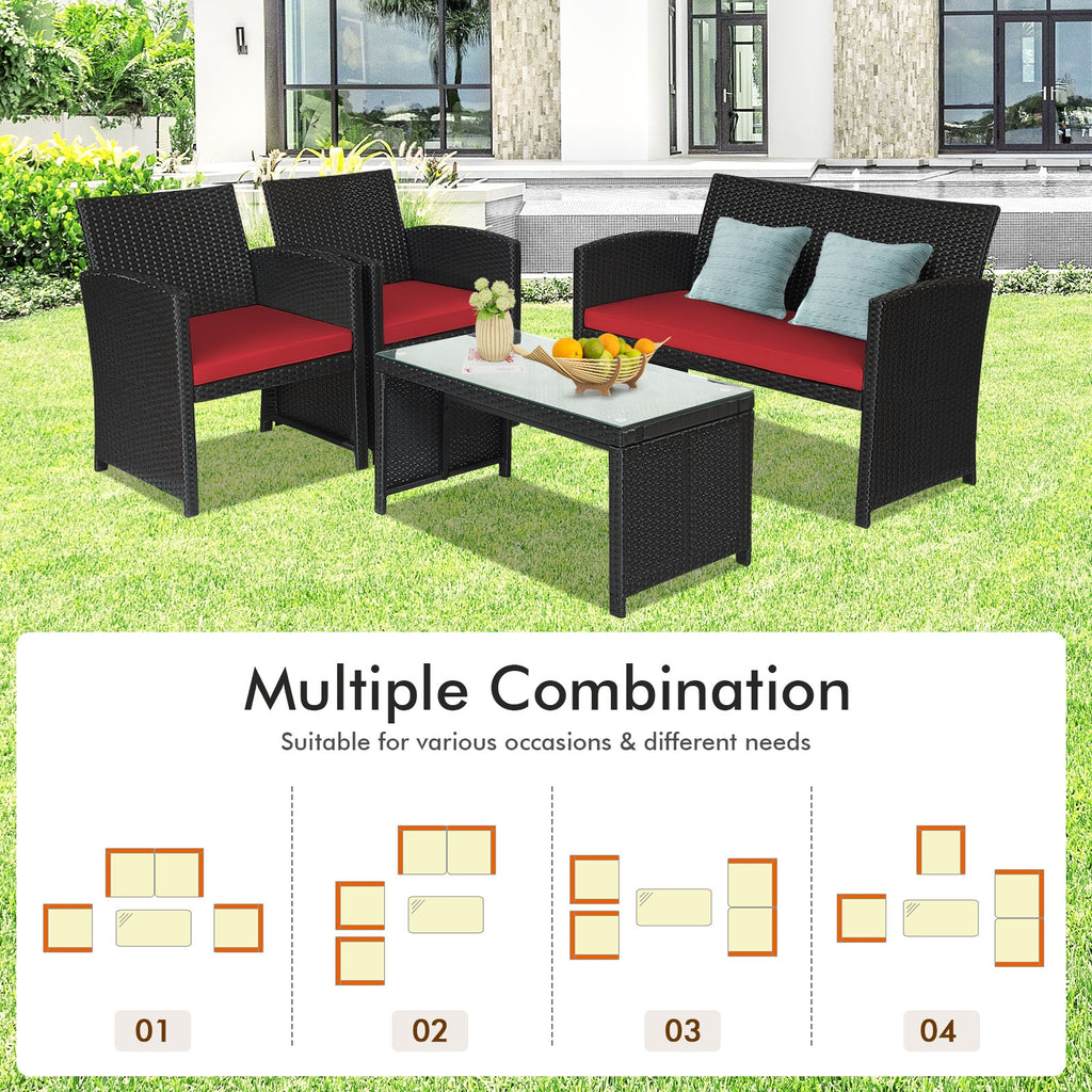 4-Piece Rattan Patio Furniture Set with Cushions - Black Rattan, Red