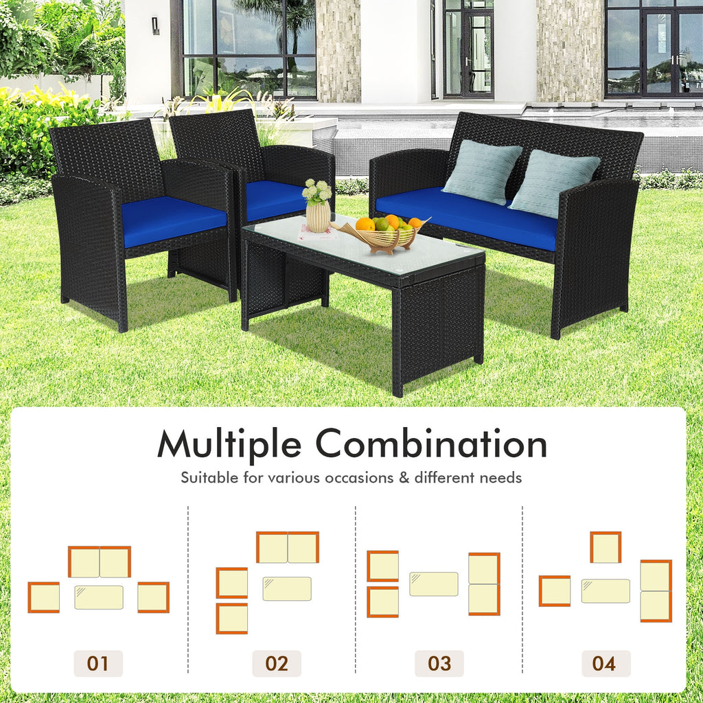 4-Piece Rattan Patio Furniture Set with Cushions - Black Rattan, Navy