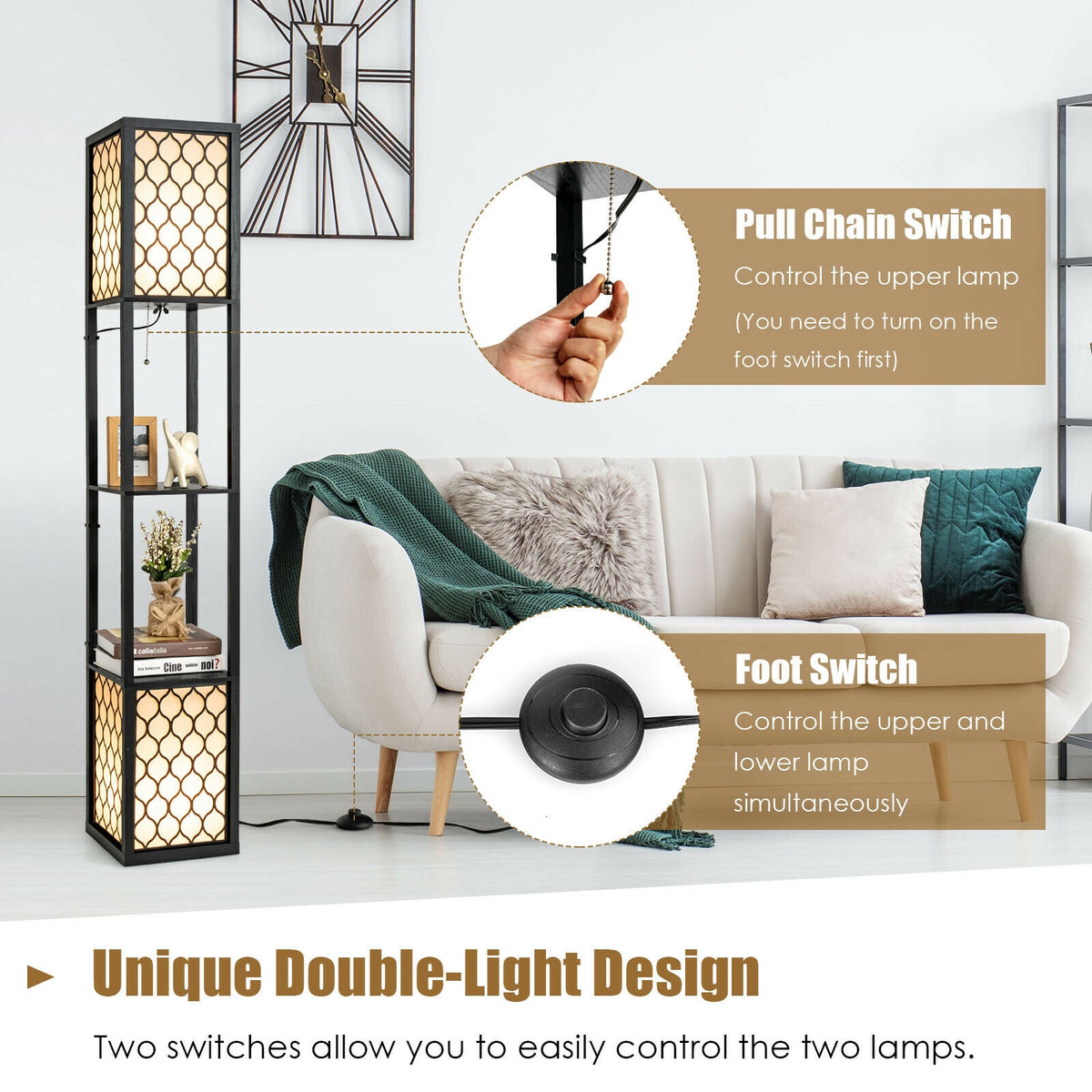 Freestanding Floor Lamp with Shelf & Double Pull Chain Foot Switch