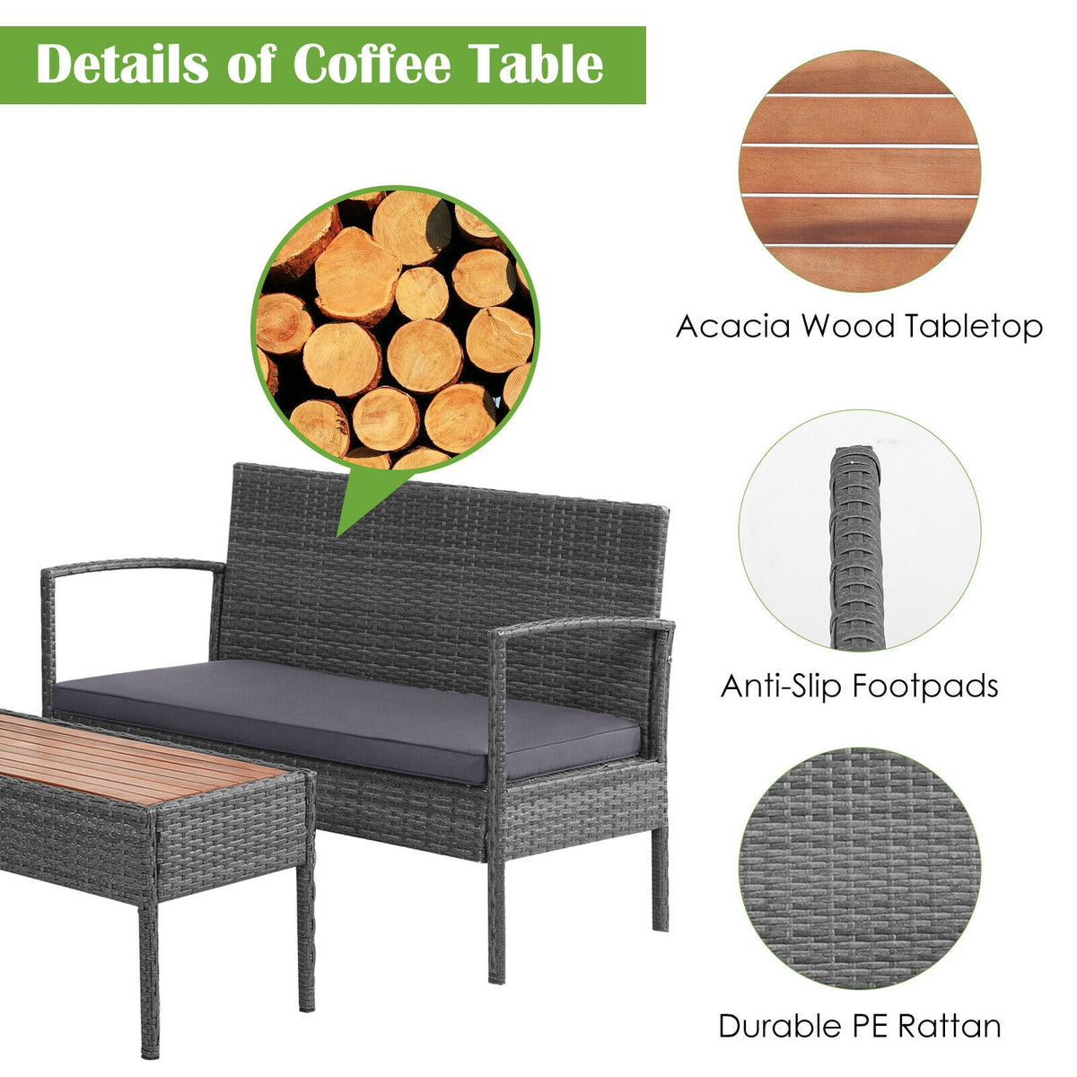 4-Piece Rattan Patio Conversation Set with Acacia Wood Table