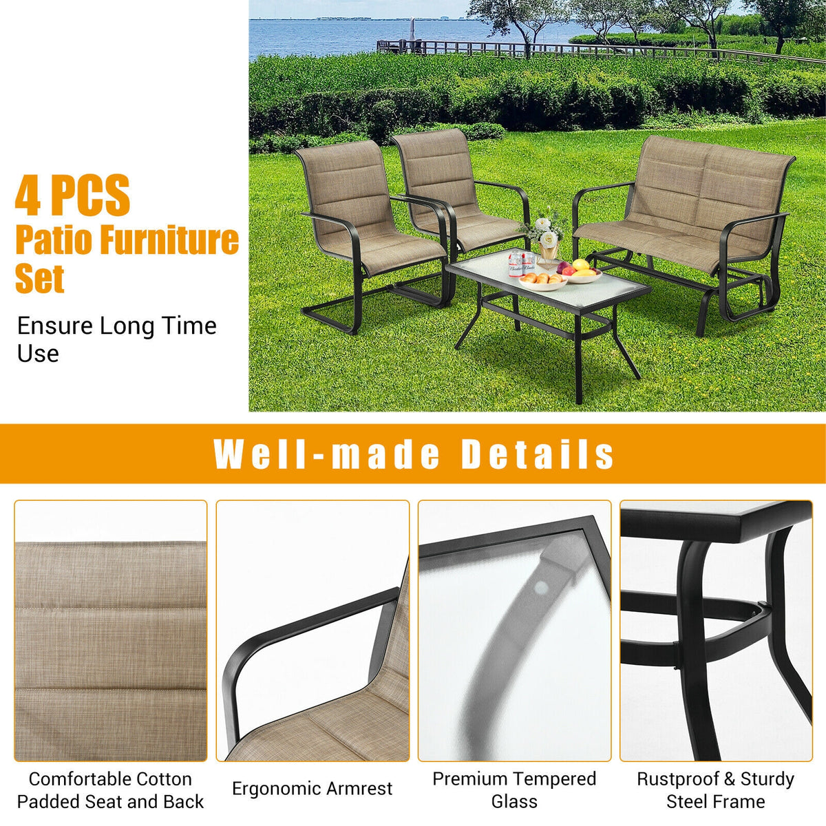 4 Pieces Outdoor Patio Furniture Set with Padded Glider Loveseat and