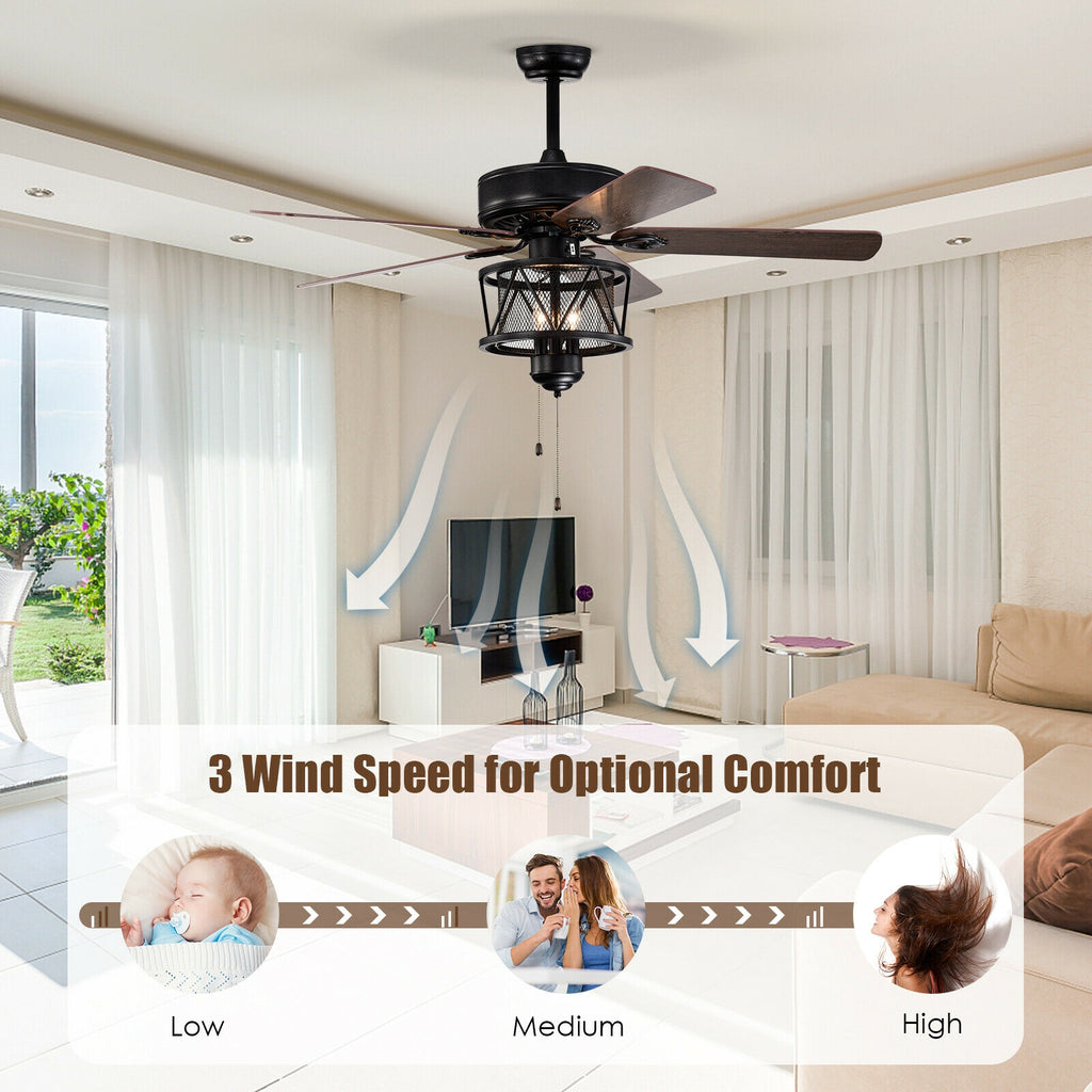 Black 50-Inch Ceiling Fan with Lights Reversible Blades & Pull Chain