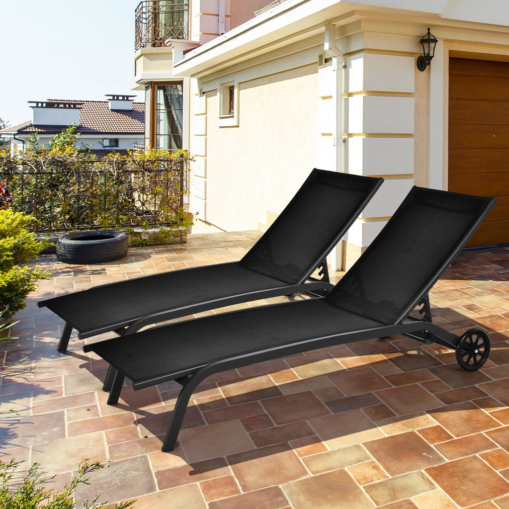 6-Position Adjustable Outdoor Chaise Recliner with Wheels - Black