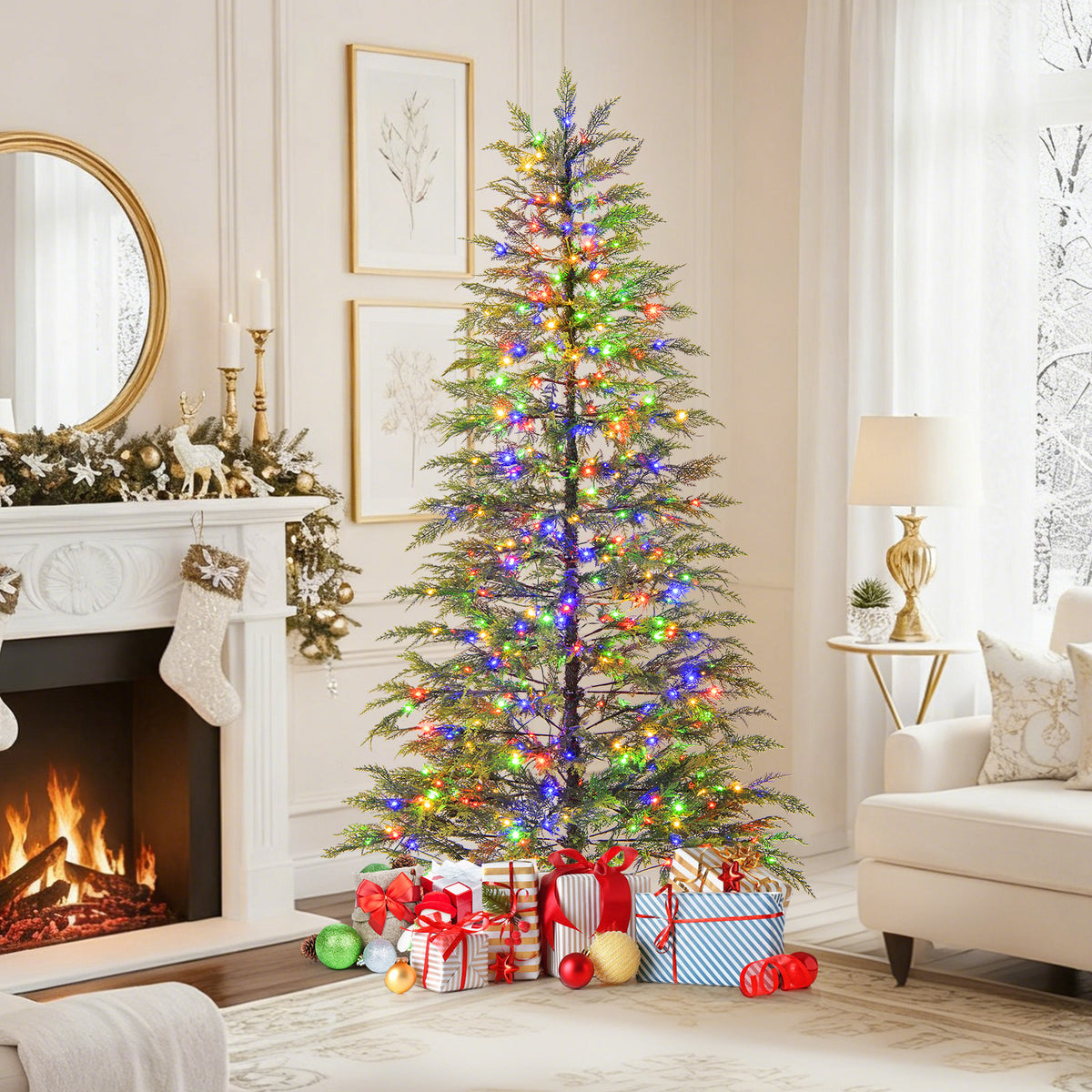 6.5/7.5 Feet Artificial Christmas Tree with Colorful LED Lights & Branch Tips - 6.5 ft