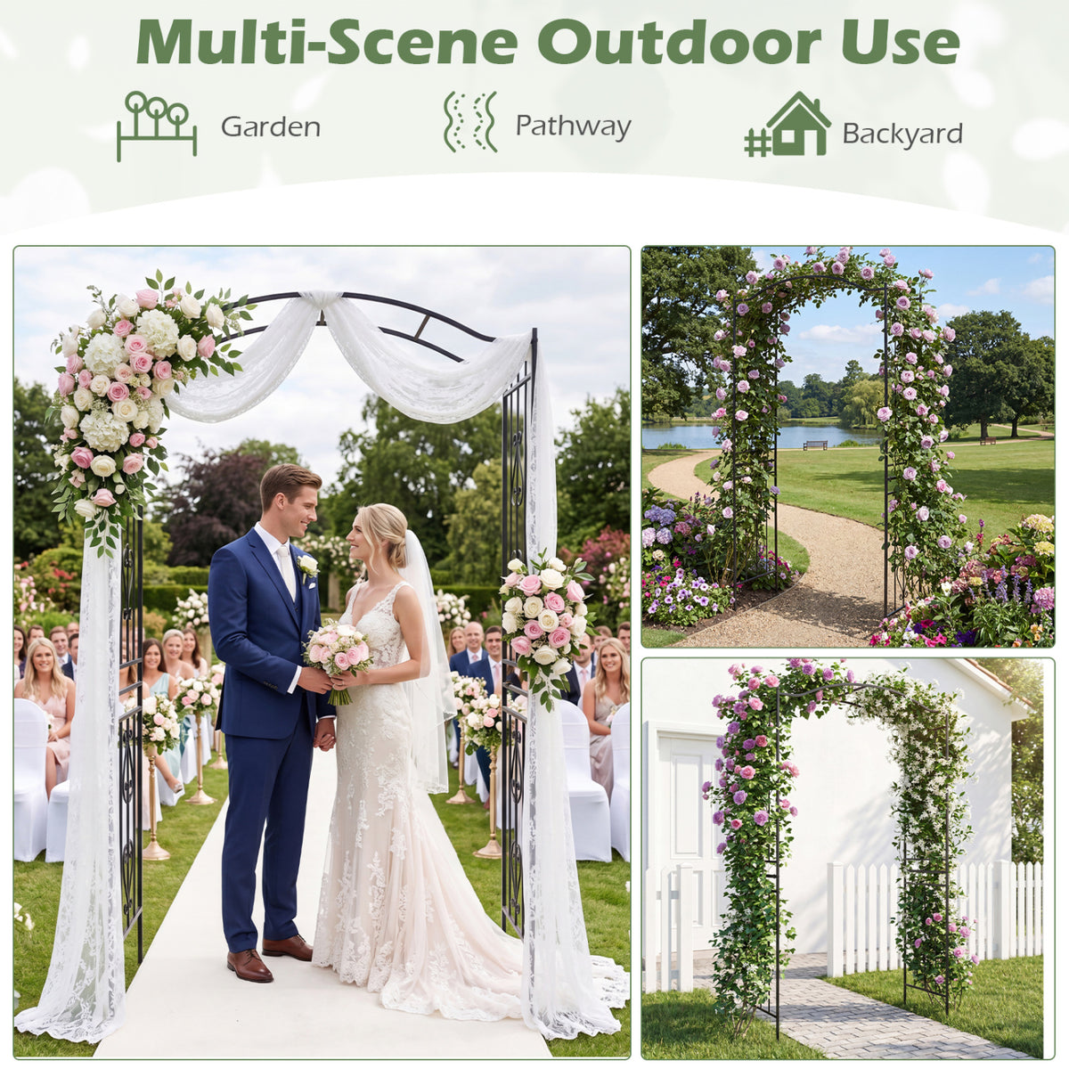 7.5 Feet Garden Arbor Heavy-Duty Metal Arch Trellis with Curved Roof