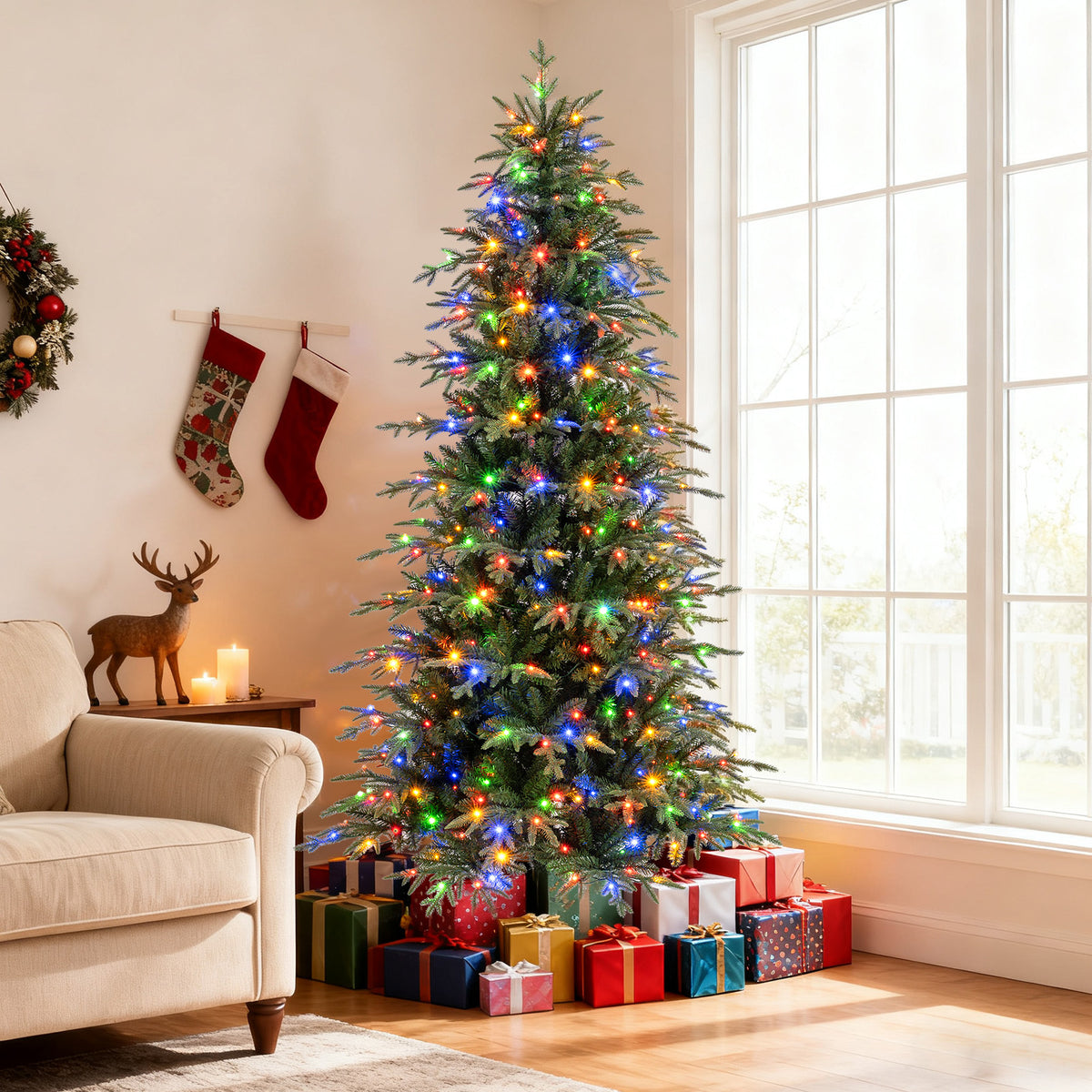 7.5 Ft Pre-Lit Artificial Christmas Tree with LED Lights, Hinged Design