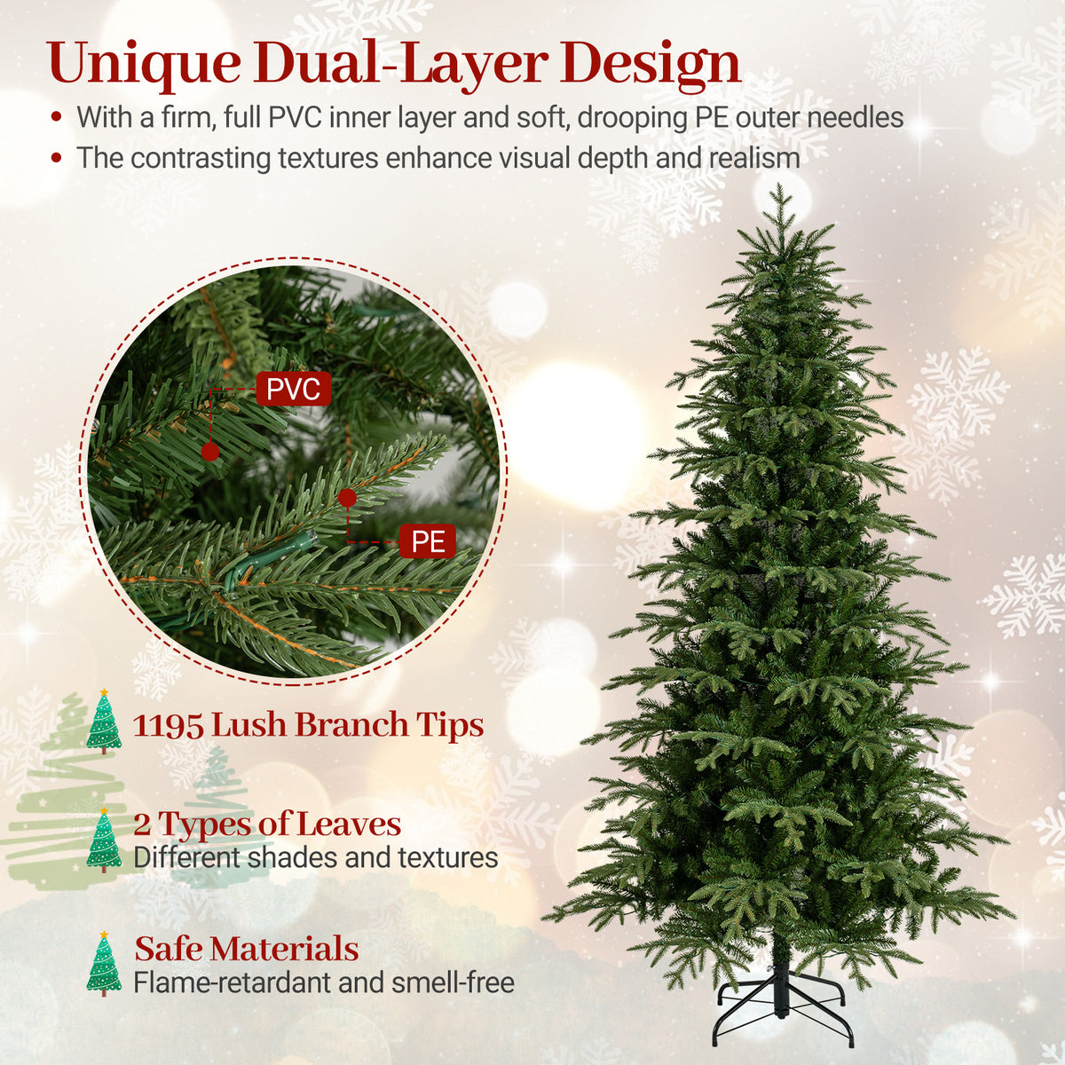 7.5 Ft Pre-Lit Artificial Christmas Tree with LED Lights, Hinged Design