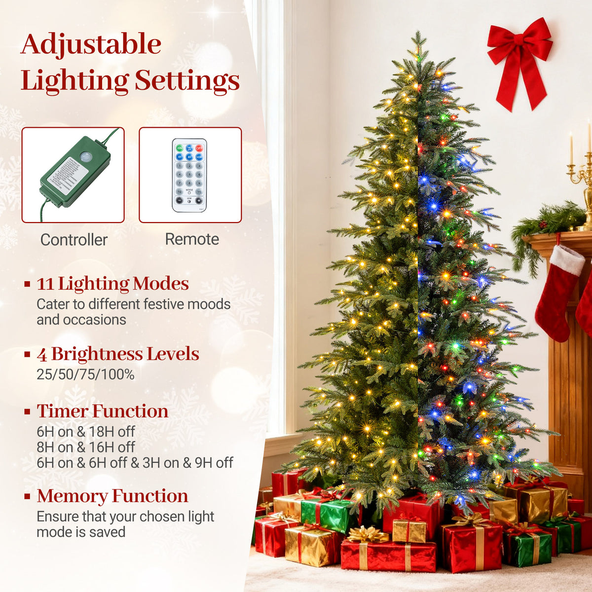 7.5 Ft Pre-Lit Artificial Christmas Tree with LED Lights, Hinged Design