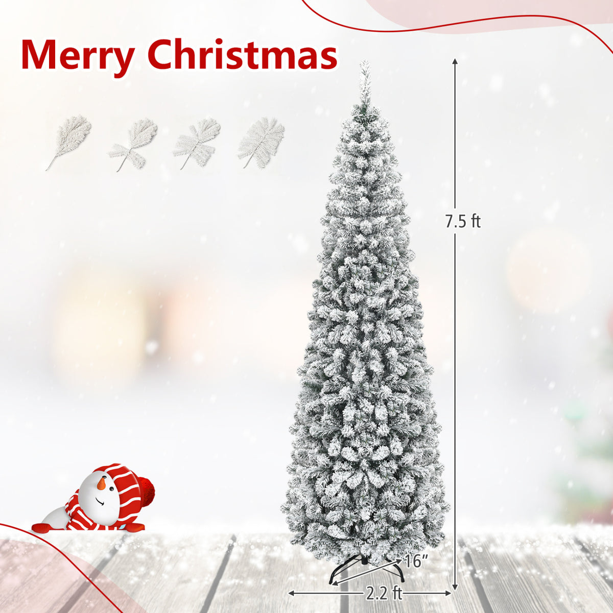 7.5 Feet Unlit Hinged Snow Flocked Artificial Pencil Christmas Tree with 641 Tips - Costway