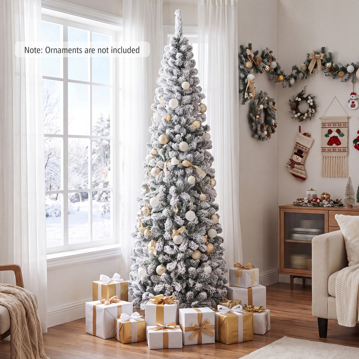 7.5 Feet Unlit Hinged Snow Flocked Artificial Pencil Christmas Tree with 641 Tips - Costway