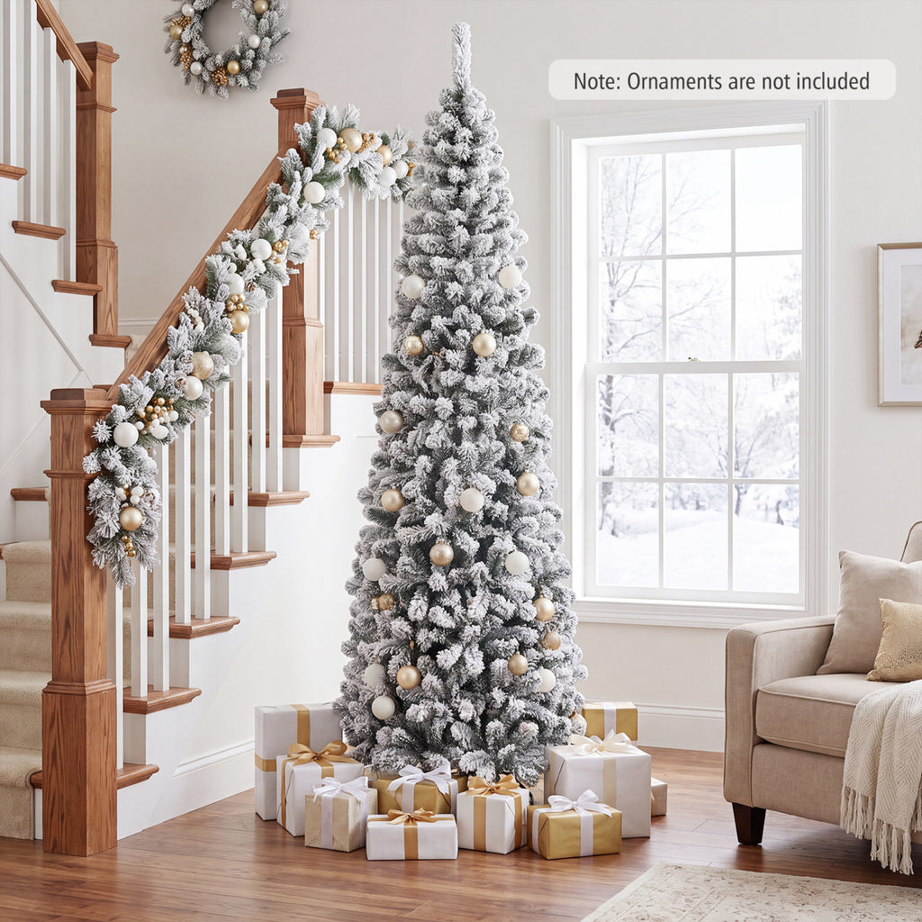 7.5 Feet Unlit Hinged Snow Flocked Artificial Pencil Christmas Tree with 641 Tips - Costway