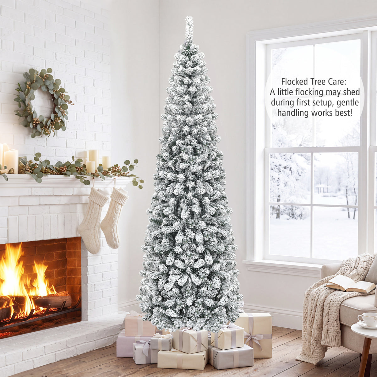 7.5 Feet Unlit Hinged Snow Flocked Artificial Pencil Christmas Tree with 641 Tips - Costway