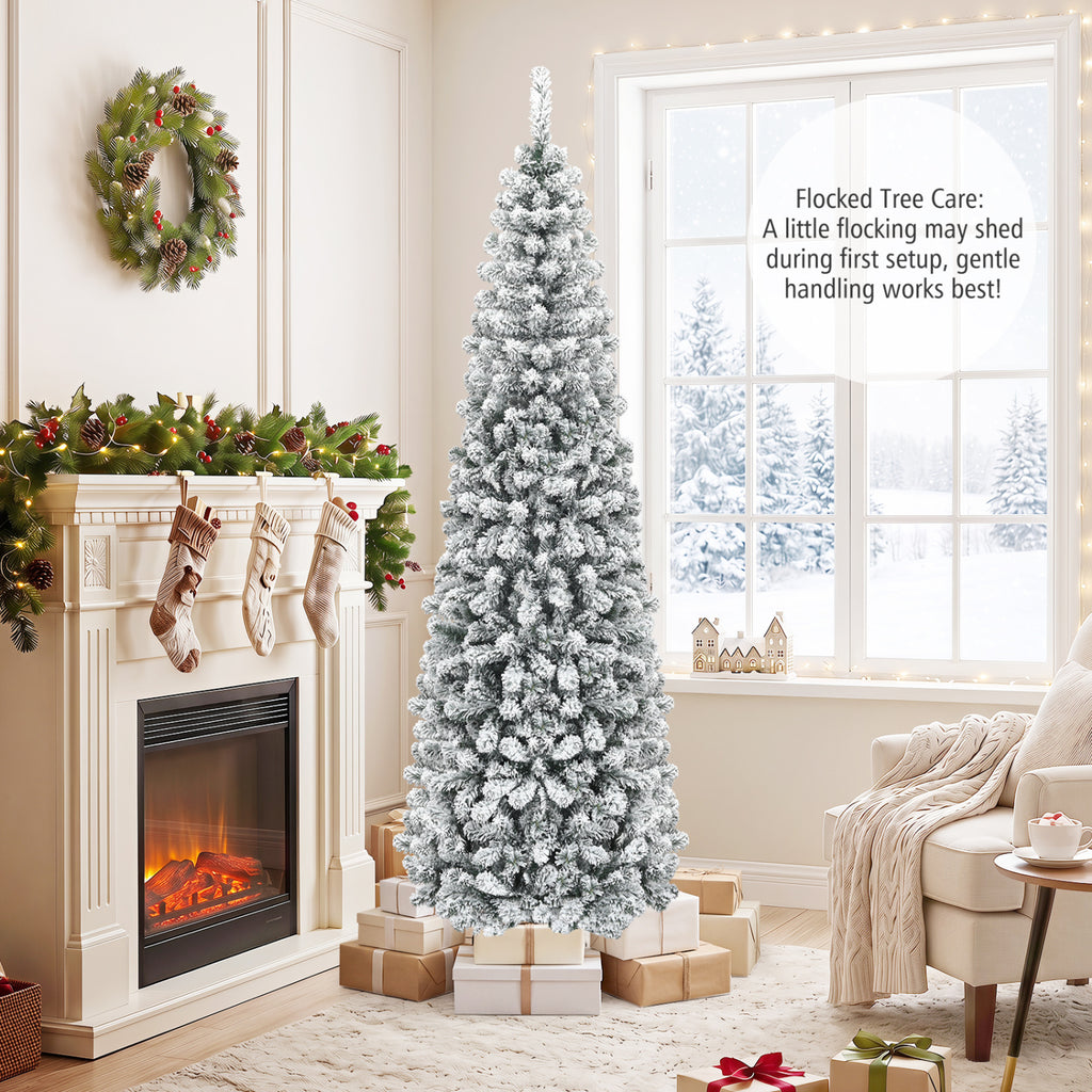 7.5 Feet Unlit Hinged Snow Flocked Artificial Pencil Christmas Tree with 641 Tips - Costway