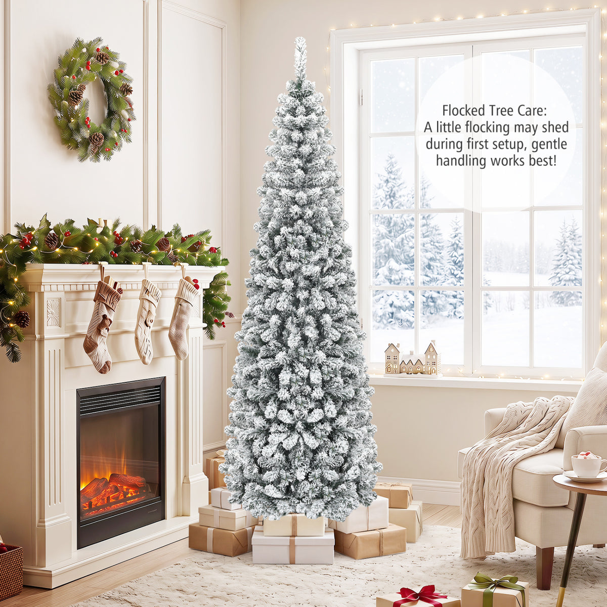 7.5 Feet Unlit Hinged Snow Flocked Artificial Pencil Christmas Tree with 641 Tips - Costway