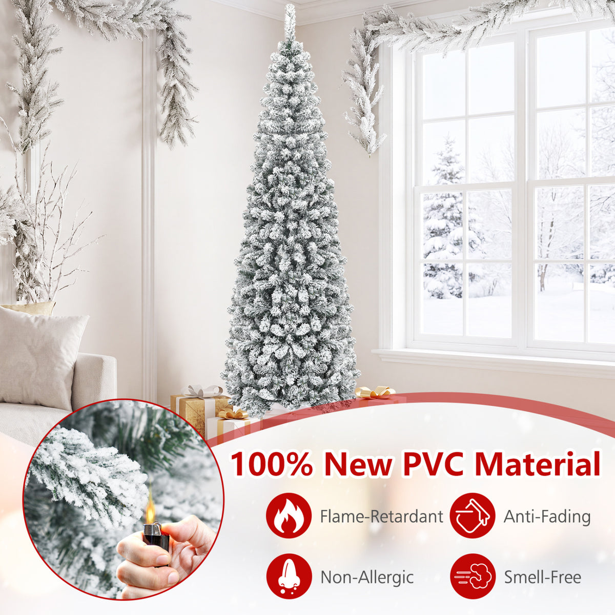 7.5 Feet Unlit Hinged Snow Flocked Artificial Pencil Christmas Tree with 641 Tips - Costway