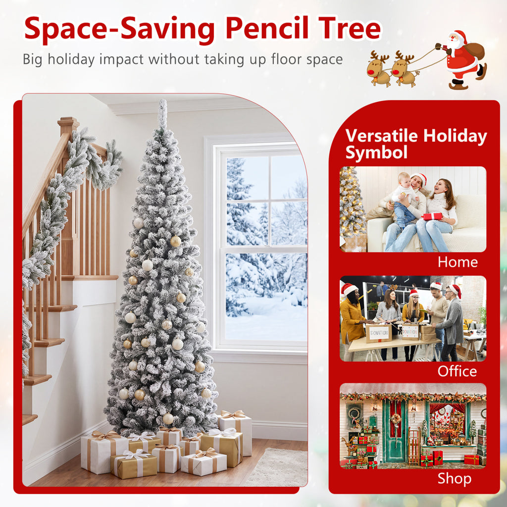 7.5 Feet Unlit Hinged Snow Flocked Artificial Pencil Christmas Tree with 641 Tips - Costway
