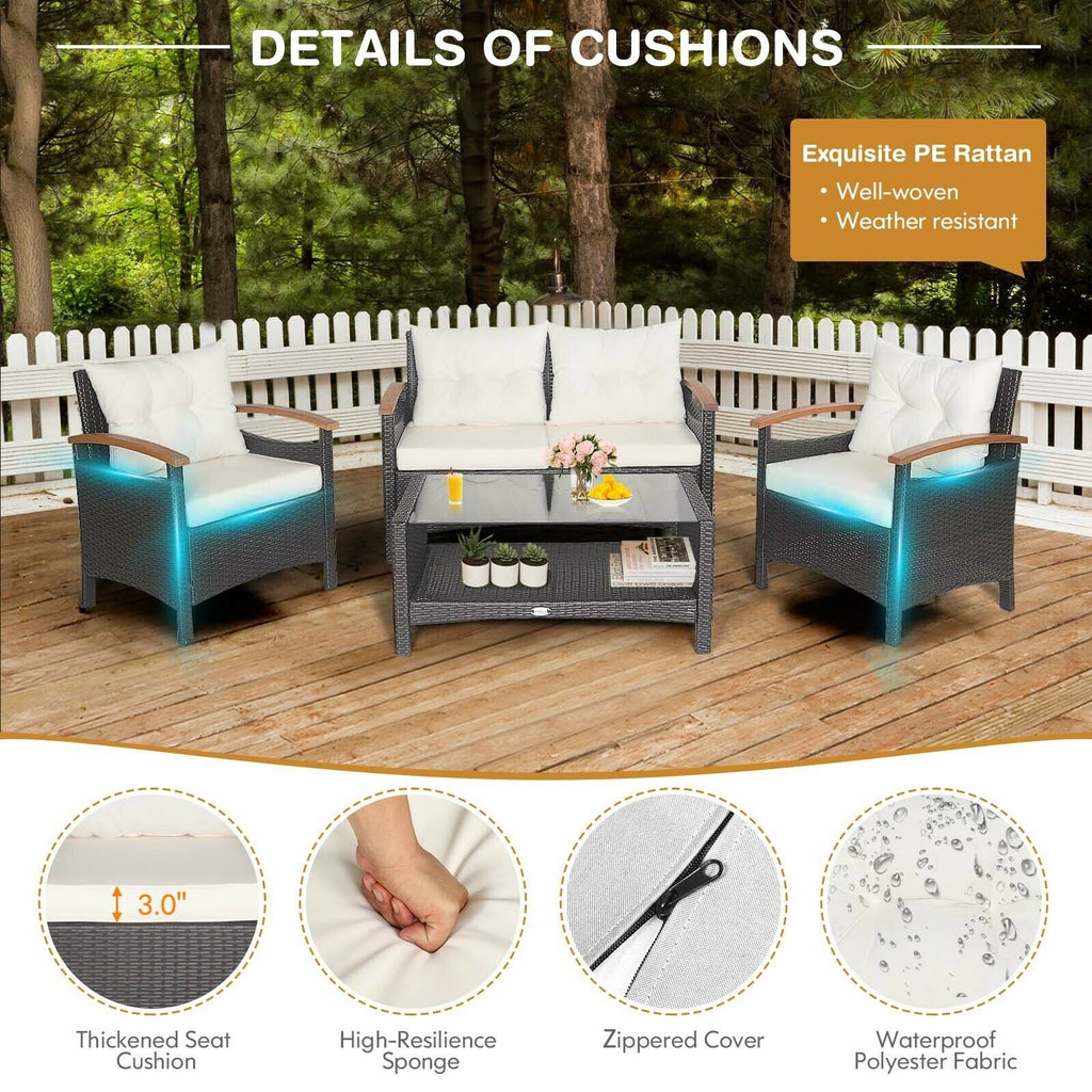 4 Pieces Patio Rattan Furniture Set with Cushioned Sofa and Storage