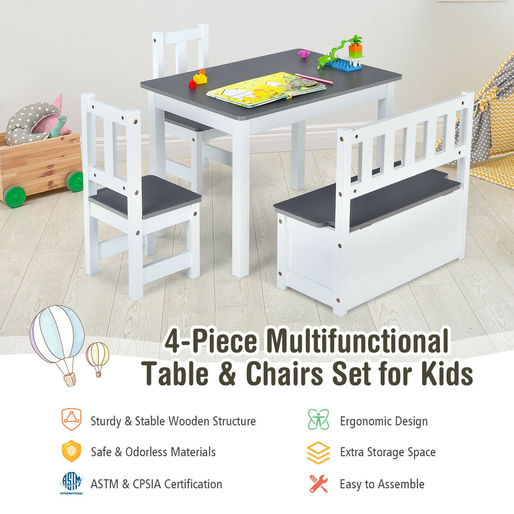 Kids Wooden Activity Table and Chairs Set with Storage Bench - Gray, 4 Pieces (Variation of THIS listing)