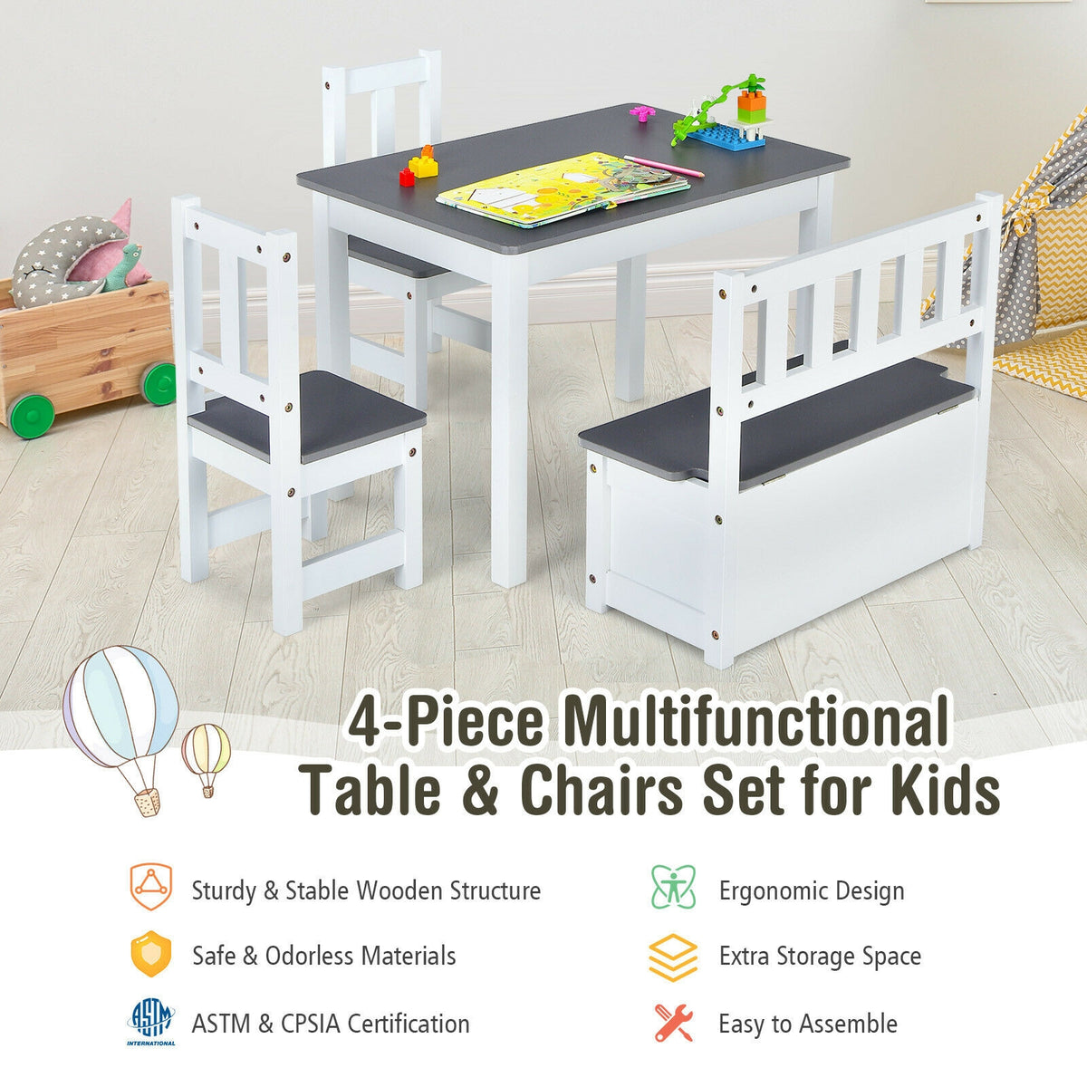 Kids Wooden Activity Table and Chairs Set with Storage Bench - Gray, 4 Pieces (Variation of THIS listing)