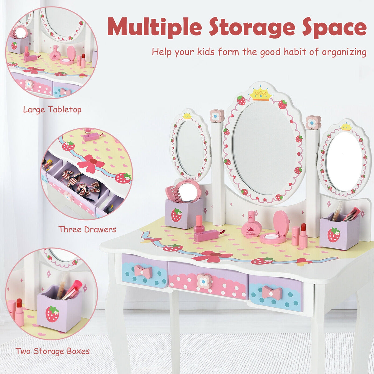 Kids Vanity Set with Tri-Fold Mirror and Chair - White, Detachable Top