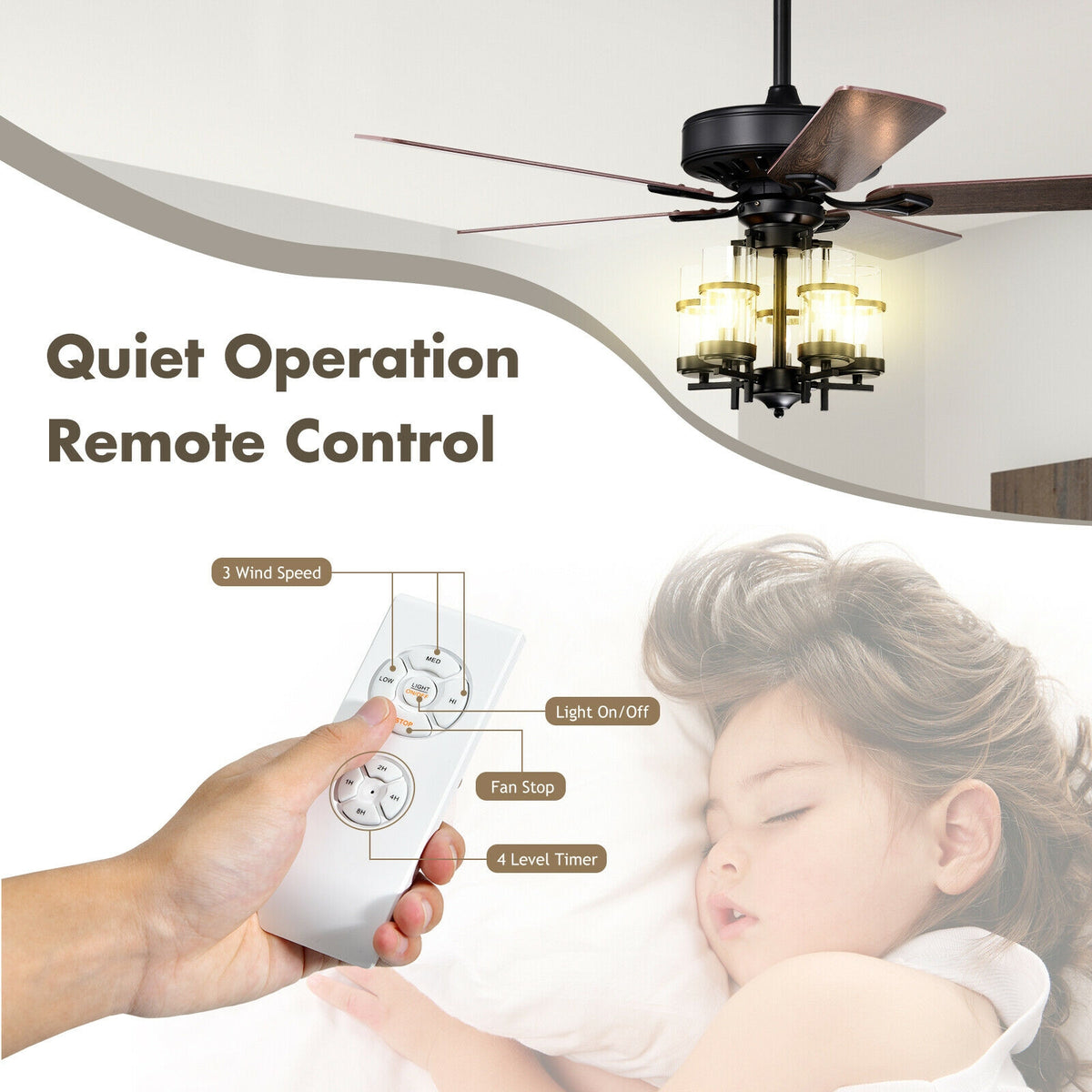 50 Inch Noiseless Ceiling Fan Light with Explosion-Proof Glass Shades - Black Variation