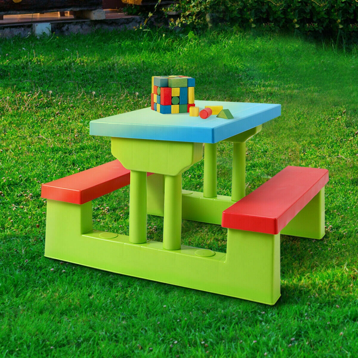 Kids Picnic Folding Table and Bench Set with Green Umbrella - Safe & Sturdy Outdoor Play Furniture