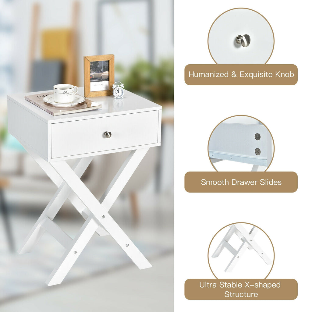 Modern X-Shaped Nightstand with Drawer - White