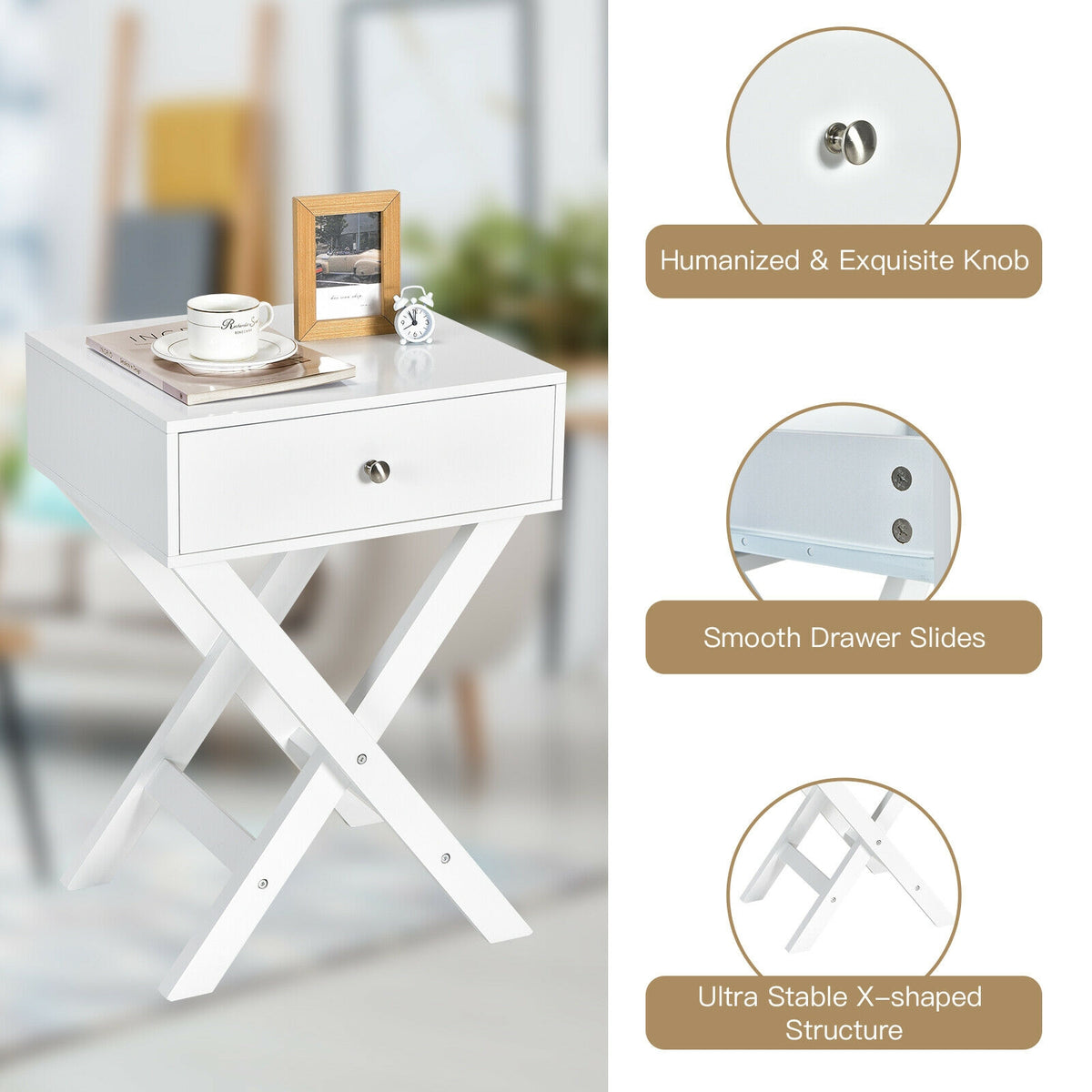 Modern X-Shaped Nightstand with Drawer - White