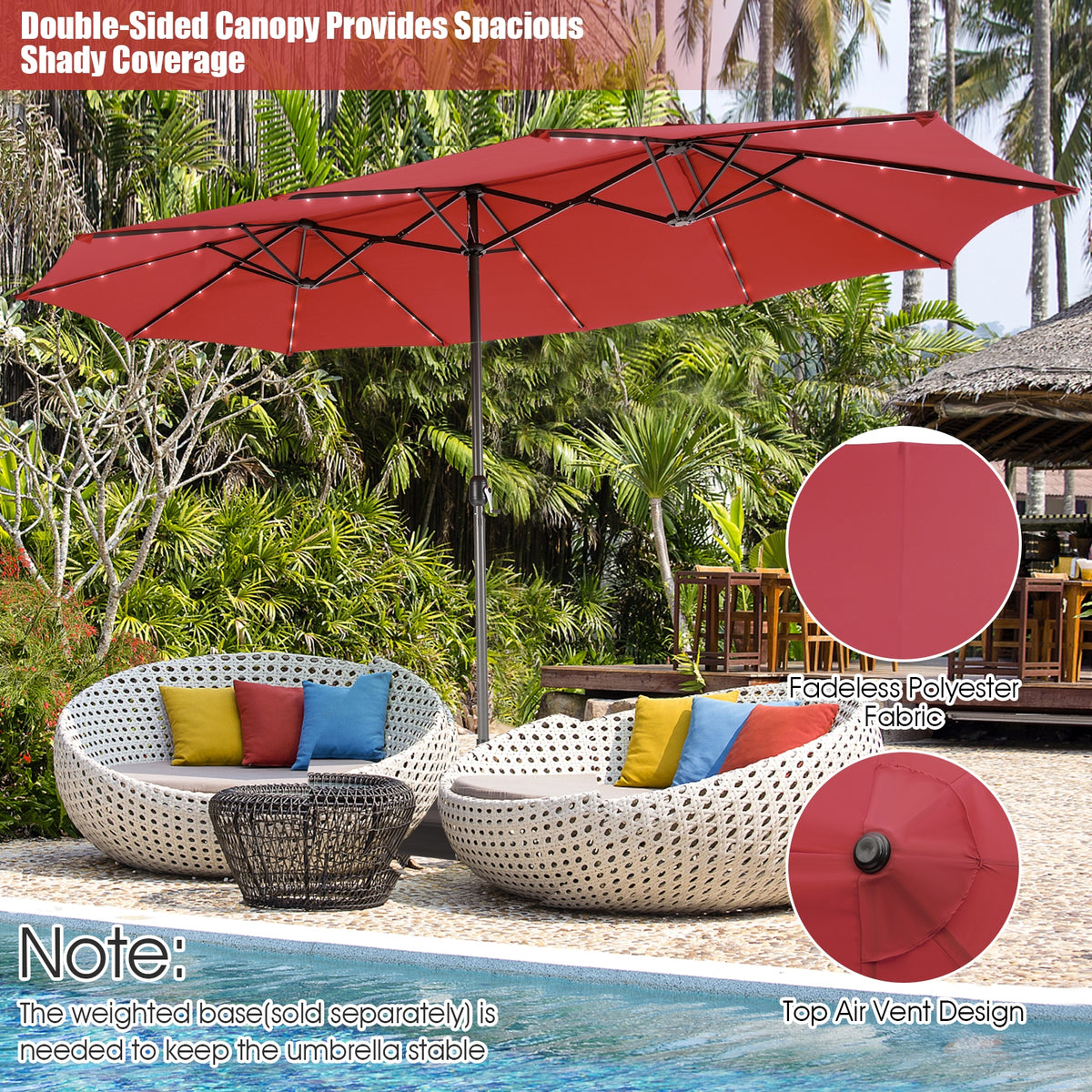 15 Feet Twin Patio Umbrella with 48 Solar LED Lights - Dark Red