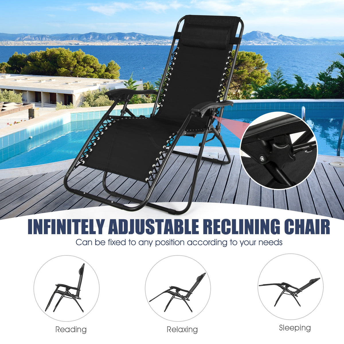 3 Pieces Folding Portable Zero Gravity Reclining Lounge Chairs Table