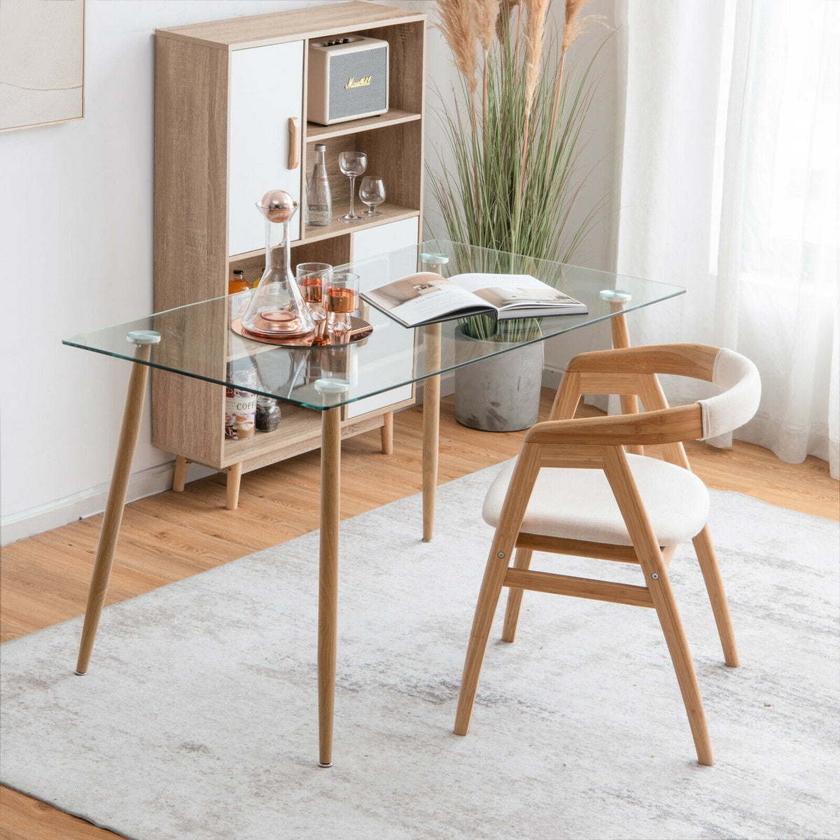Glass Rectangular Dining Table with Metal Legs - Natural