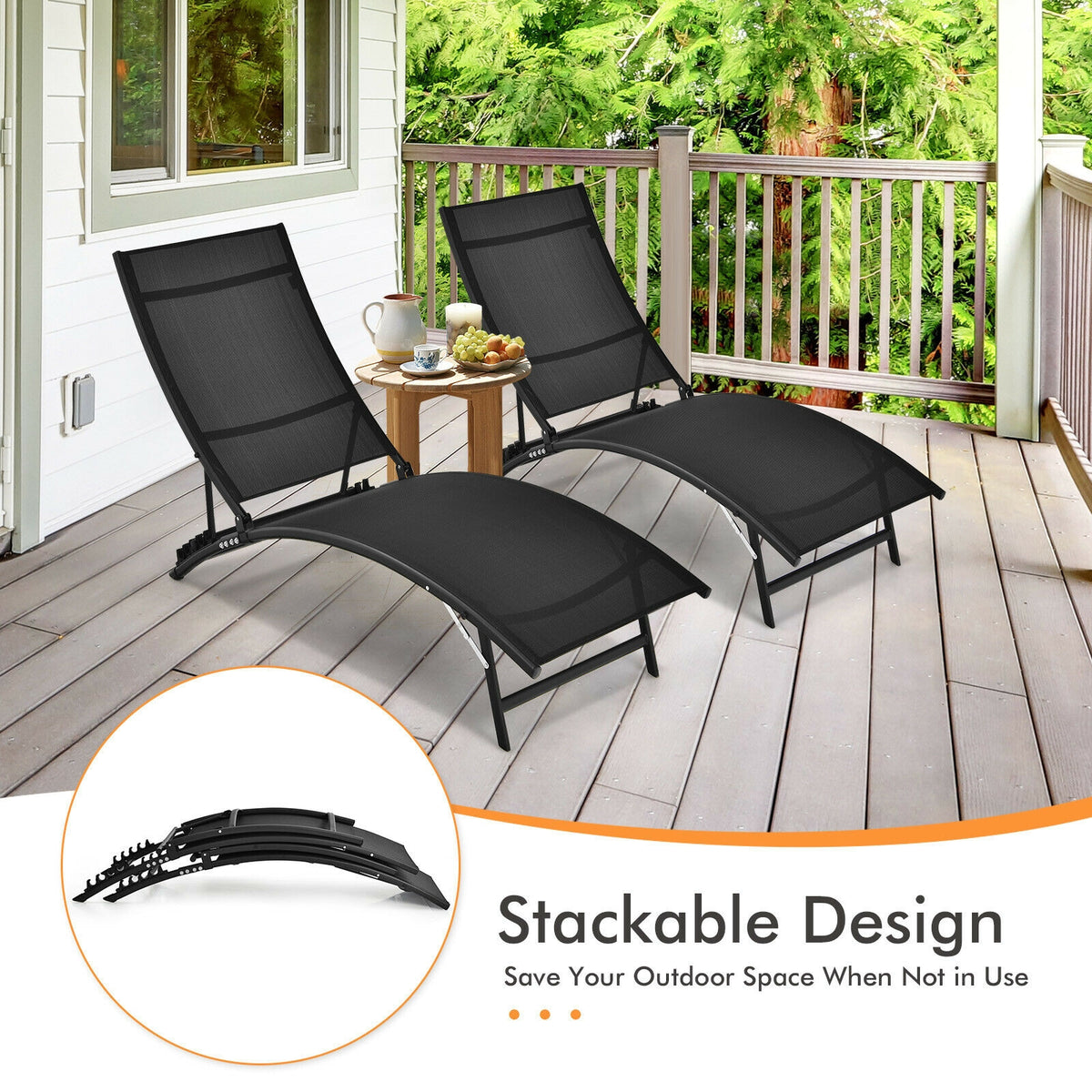 2 Pieces Patio Folding and Stackable Chaise Lounge Chair with