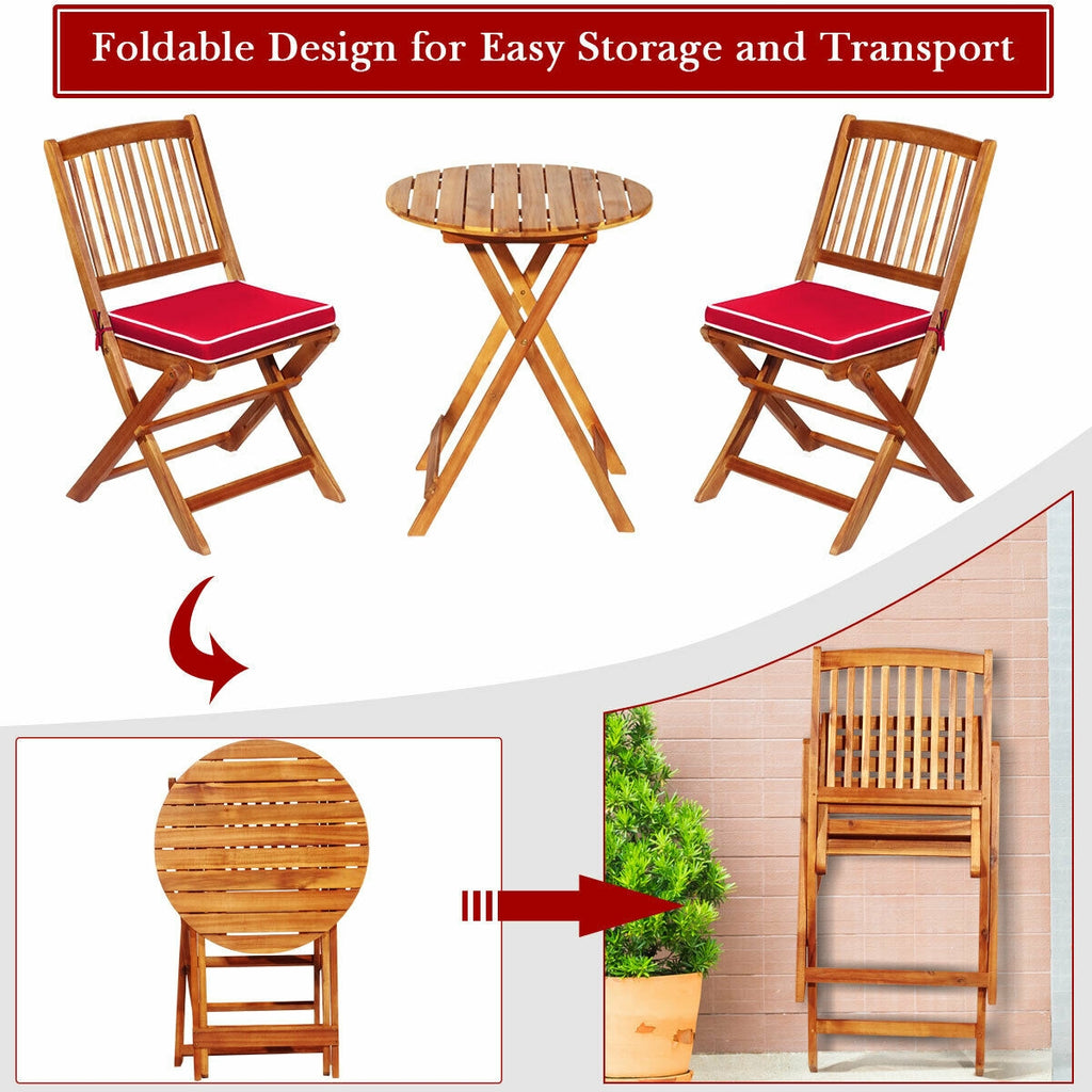 3-Piece Patio Bistro Set with Padded Cushions and Folding Table - Red