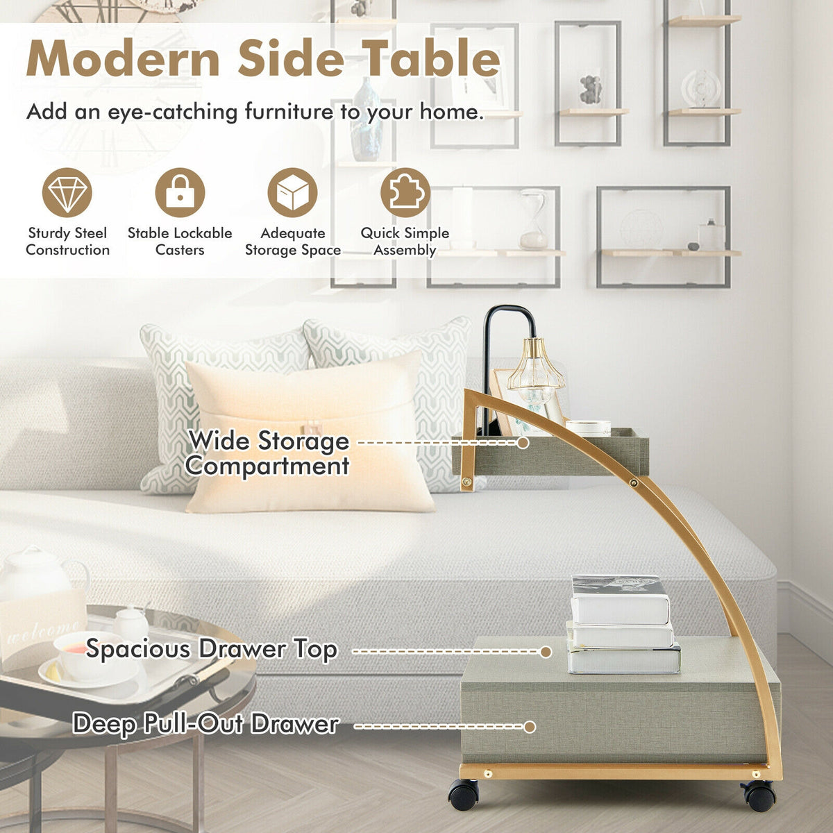 2-Tier Rolling End Table with Drawer - Gray