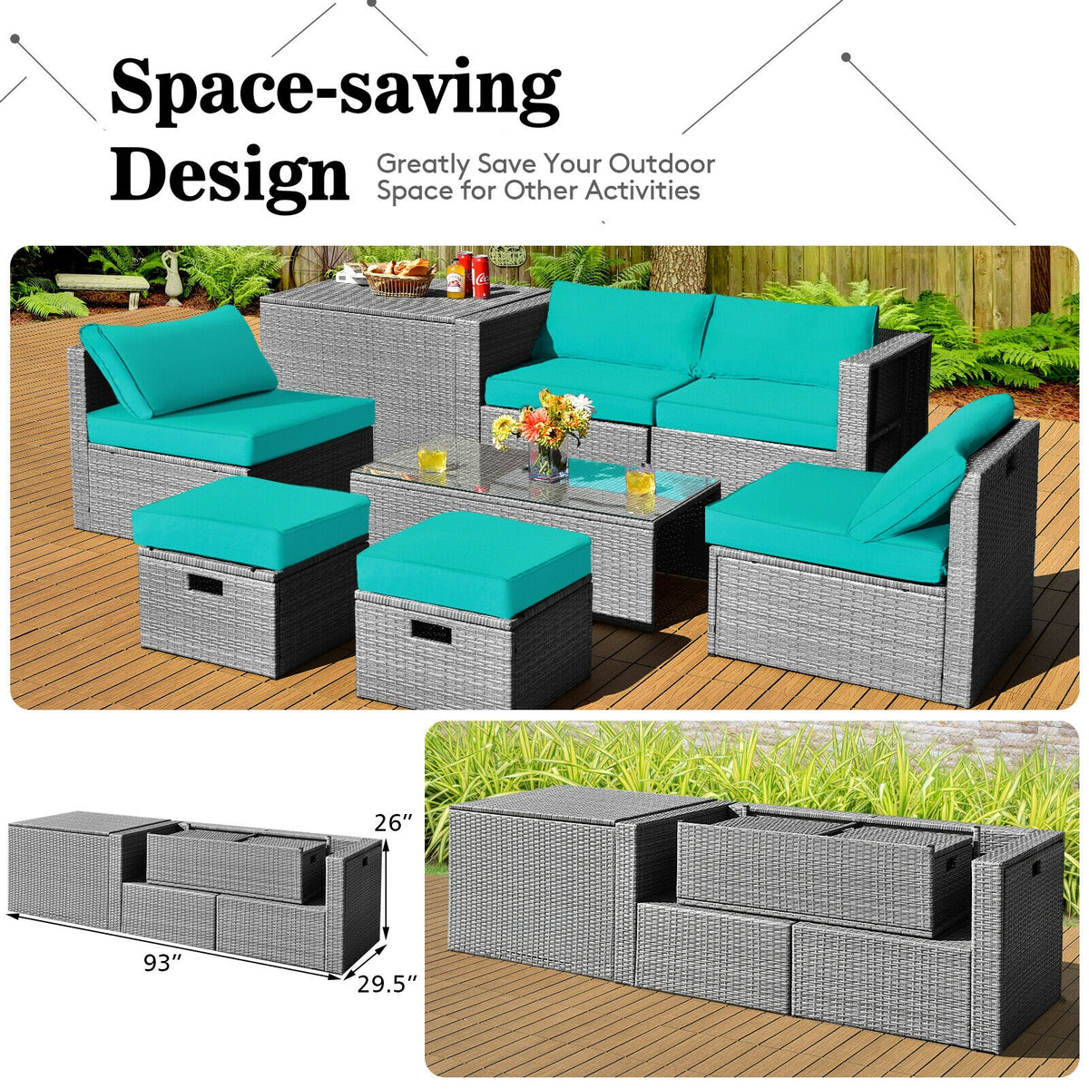 8-Piece Patio Rattan Furniture Set with Storage & Cushions - Gray Turquoise