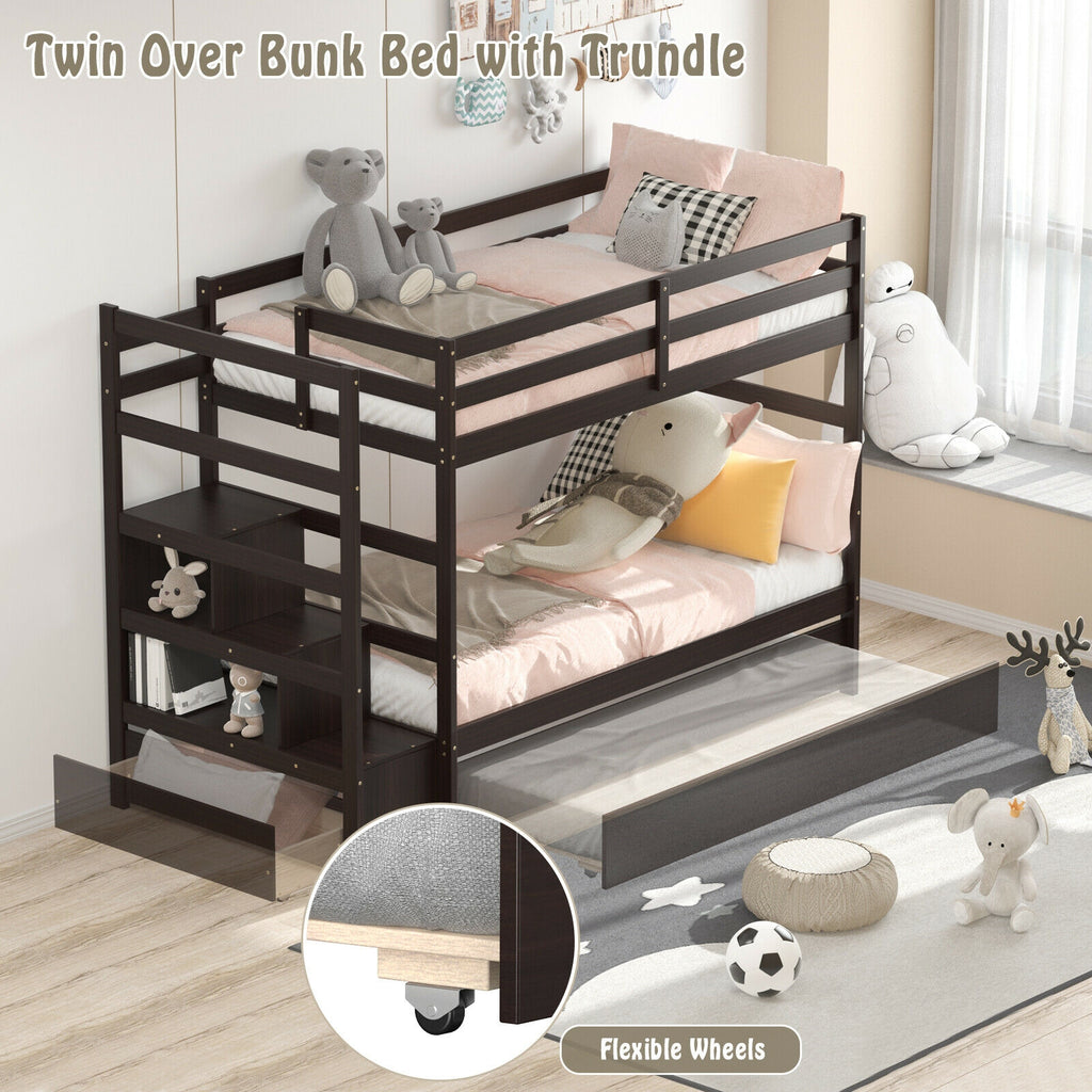 Twin Over Twin Bunk Bed with Storage & Staircase - Dark Brown