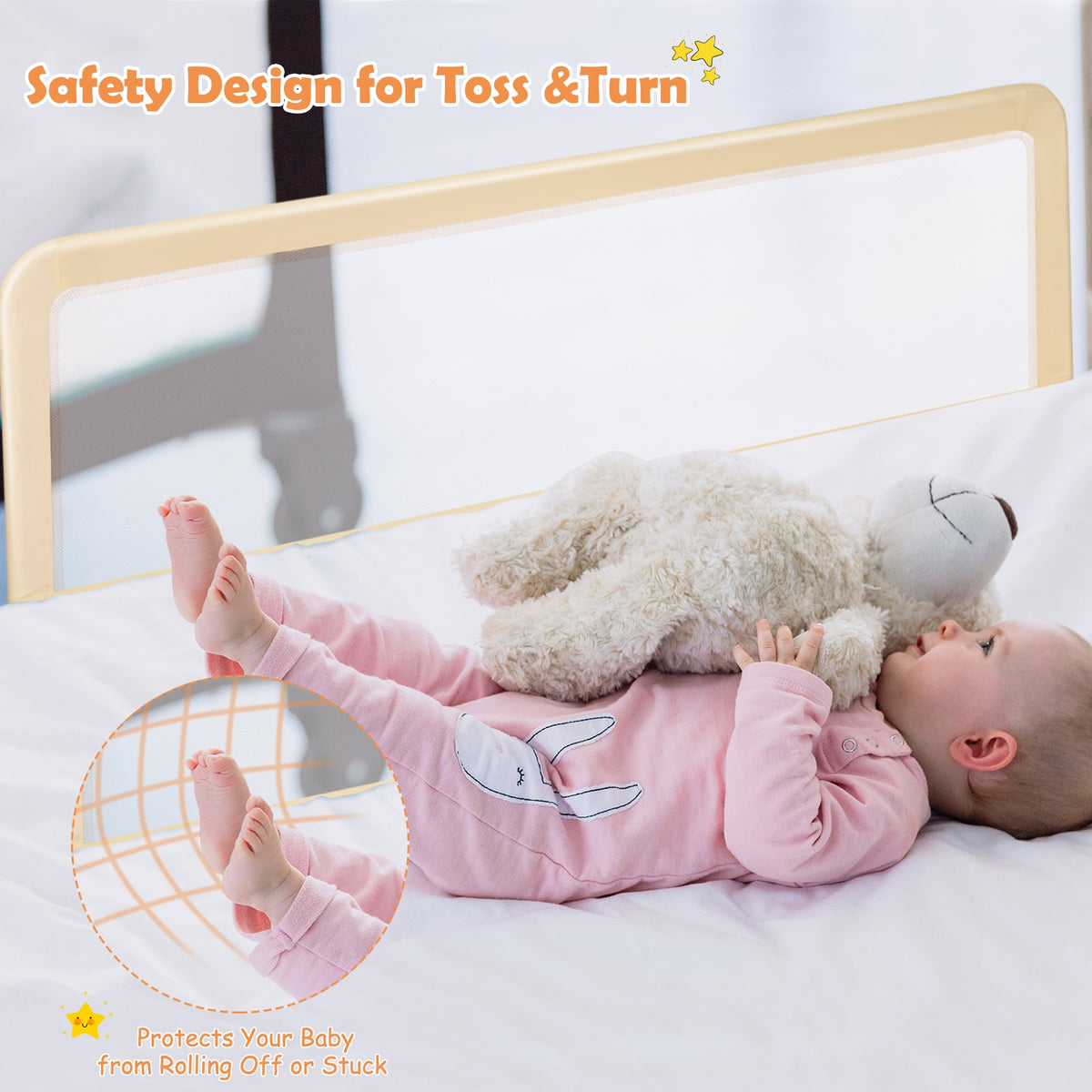 59 Inch Folding Baby Bed Rail Guard with Safety Strap - Beige, Breathable Mesh