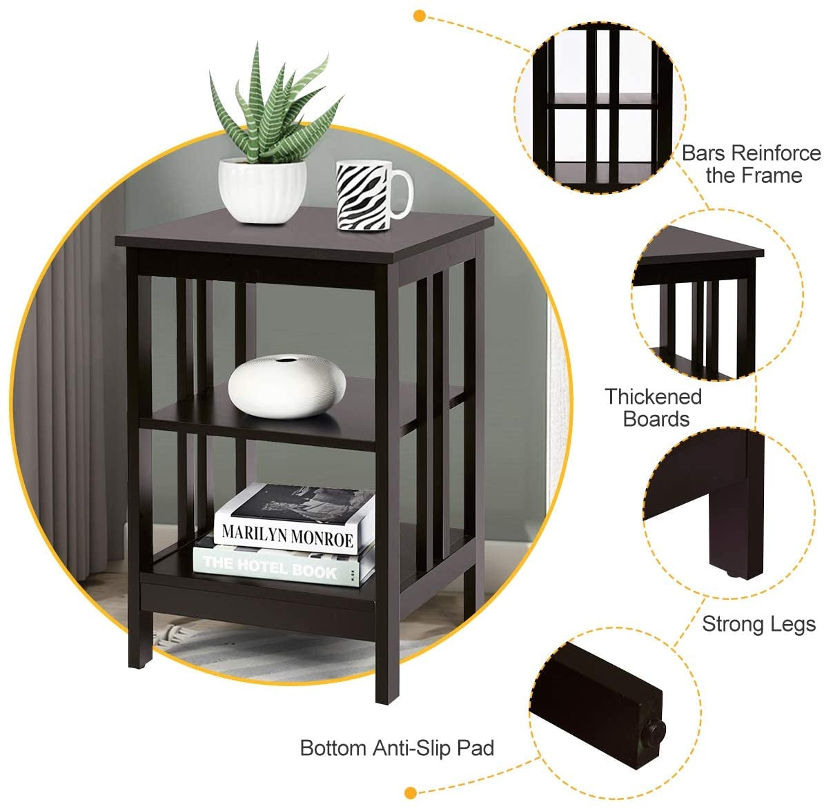 3-Tier Nightstand Set of 2, Dark Brown - Style B