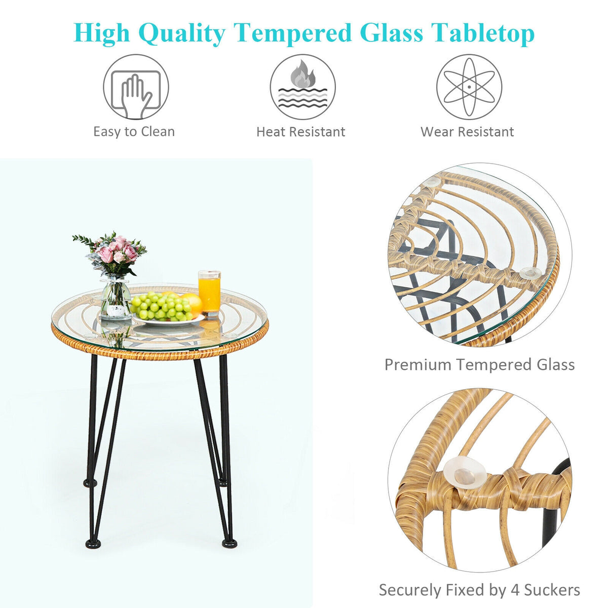 3 Pieces Rattan Furniture Set with Cushioned Chair Table