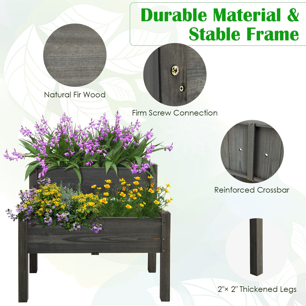 2 Tier Wooden Raised Garden Bed with Legs - Gray