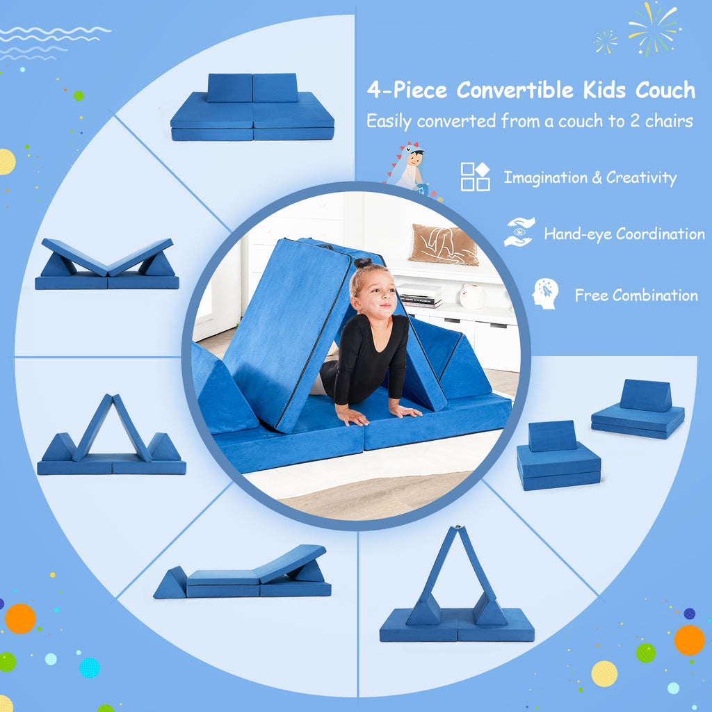 Girls Boys Modular Sofa Play Couch Set with 2 Folding Mats & 2 Triangular Pillows - Blue, 4 Pieces